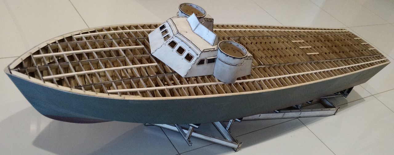My Higgins Hull Sitting on it's Cradle (Looks Good!) - John Drain's Model PT-Boat Site
