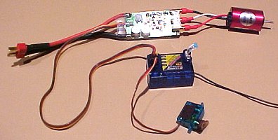 Picture of the Brushless Speed Controller with Motor - The Receiver - and - The Servo Motor